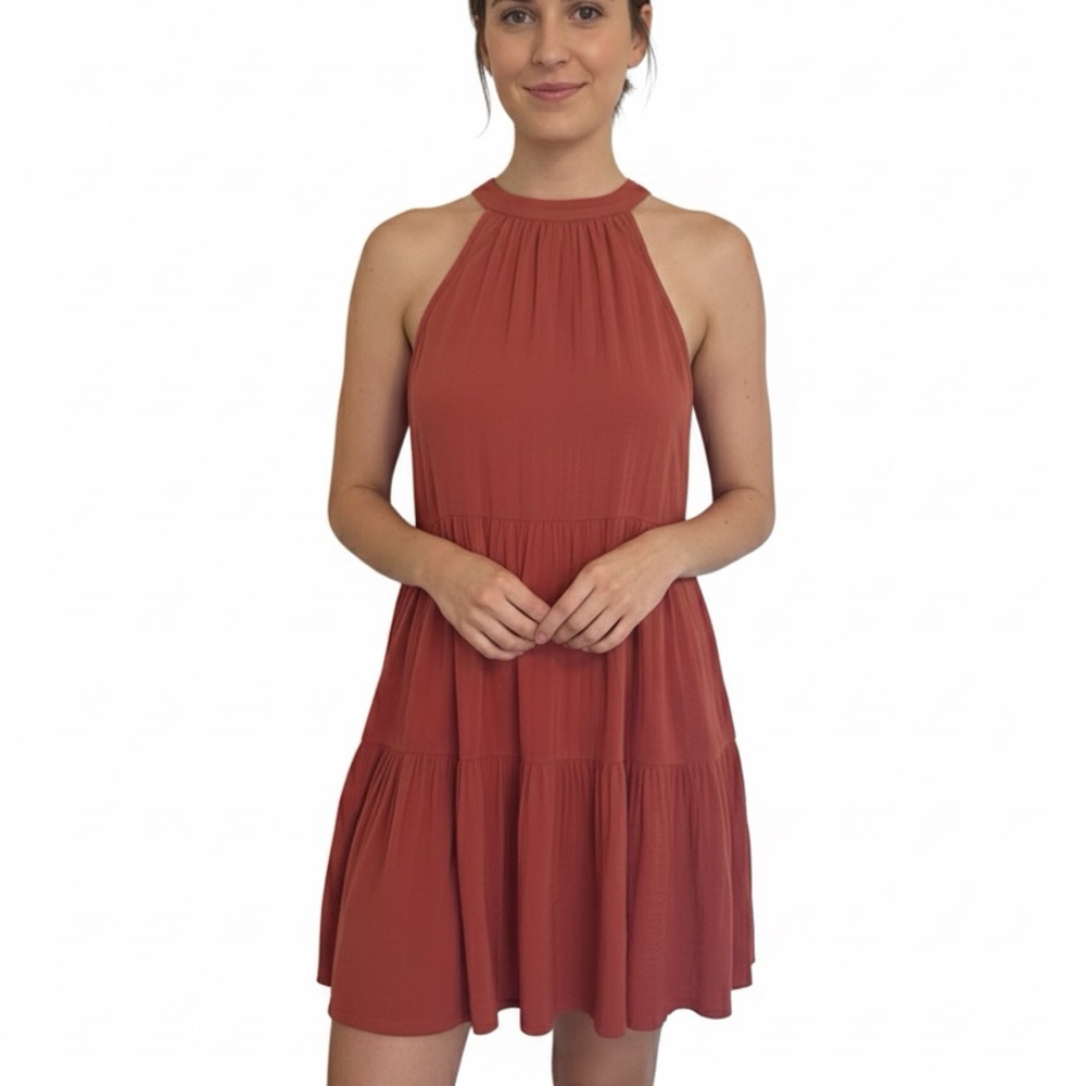 VACATION DRESS, Halter Neck Tiered Ruffle Mini Dress | Coral Babydoll Sundress